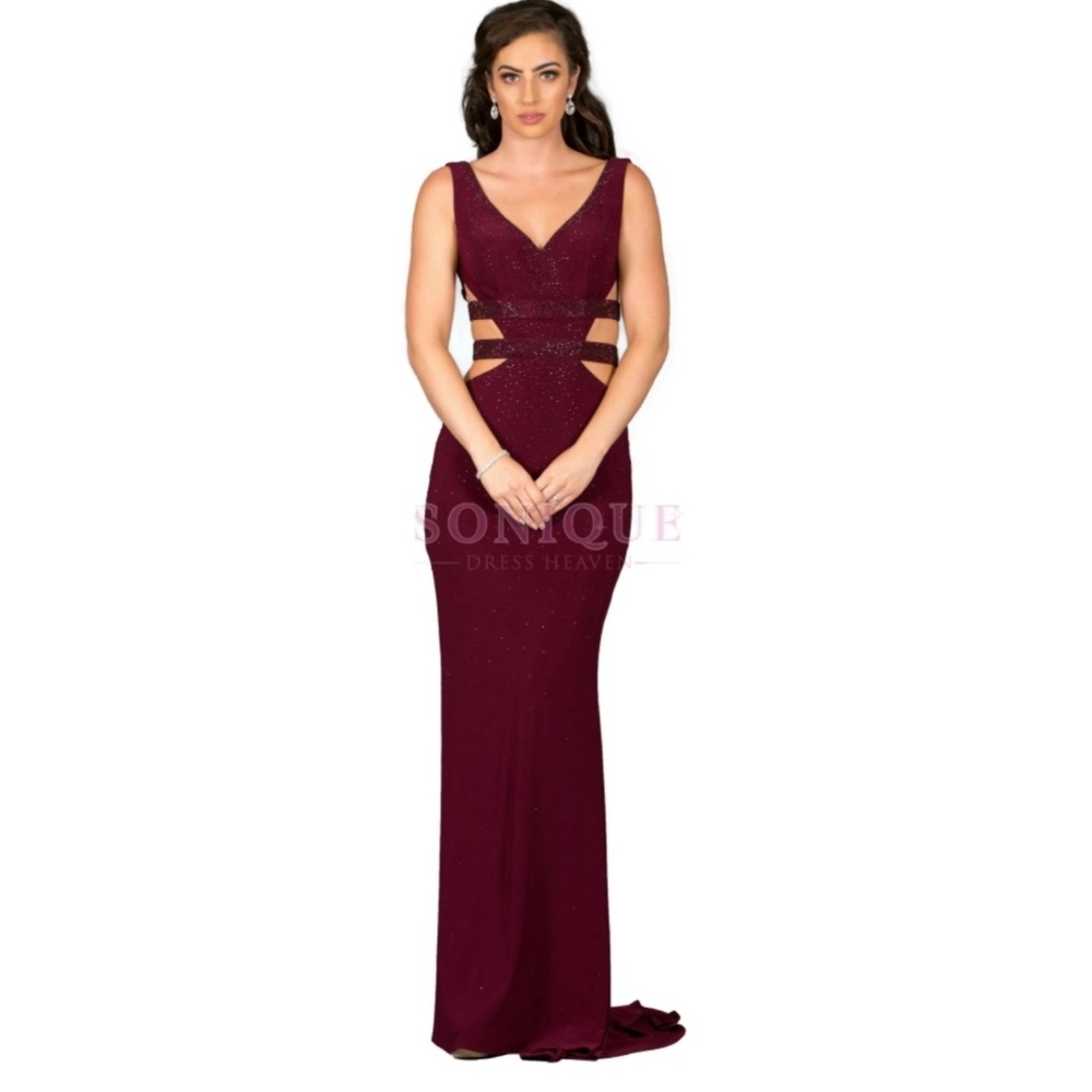 AF18234 MAKE AN OFFER burgundy sequin detail evening prom pageant cruise dress